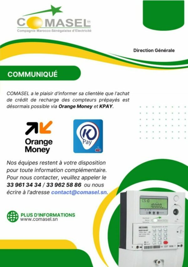 RECHARGE DES COMPTEURS VIA ORANGE MONEY ET KPAY